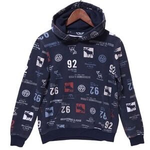 Abercrombie All Over Logo Graphic Hoodie Kids 13/14 Sweatshirt Moose‎ Navy Y2K